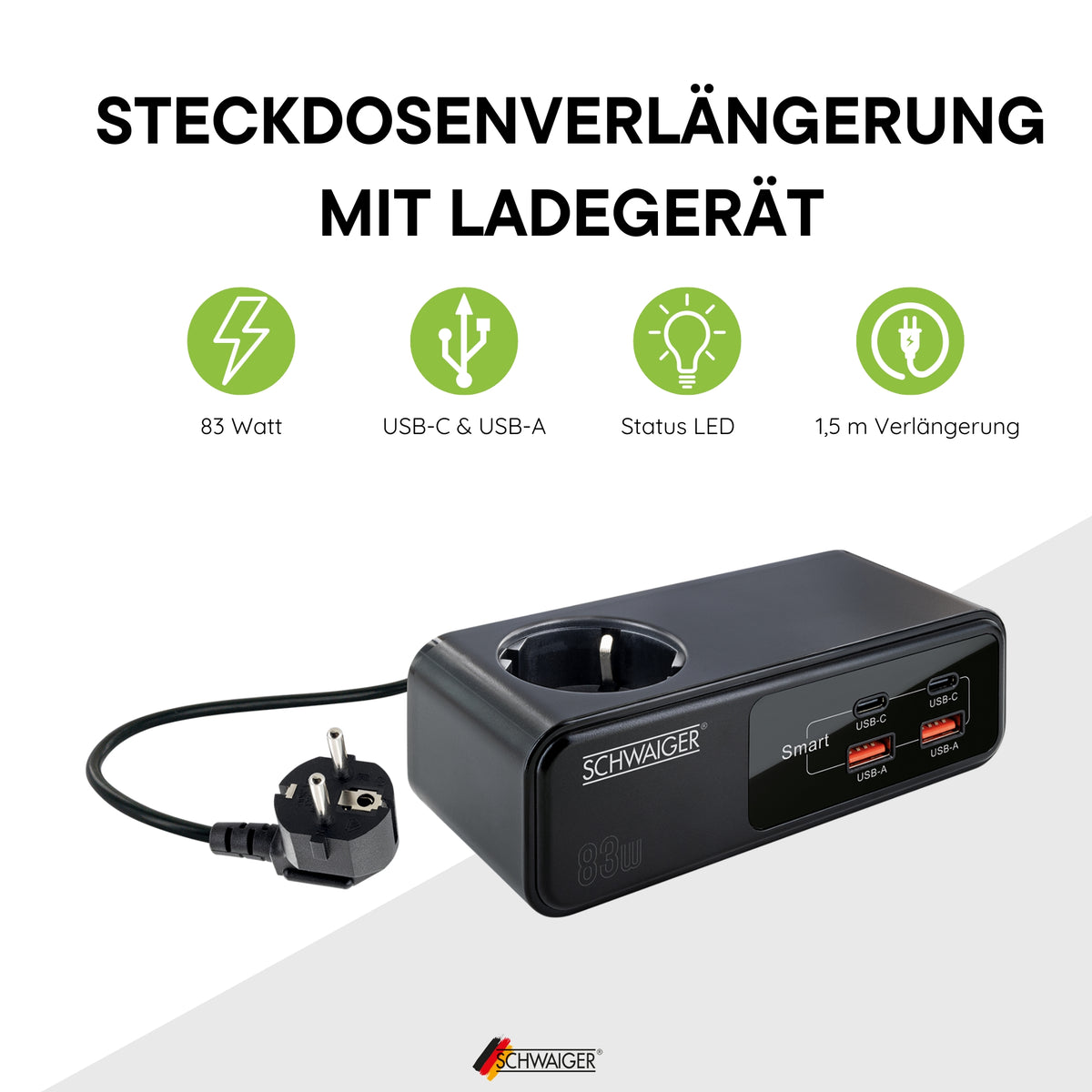 Power strip extension with USB-C & USB-A charger 83W