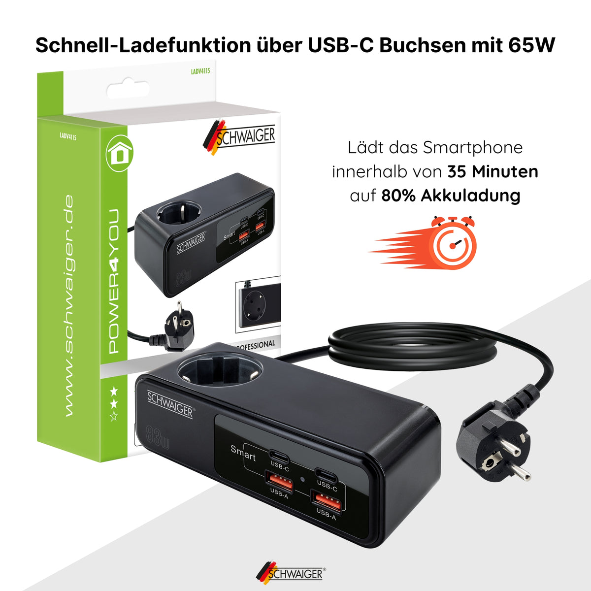 Power strip extension with USB-C & USB-A charger 83W