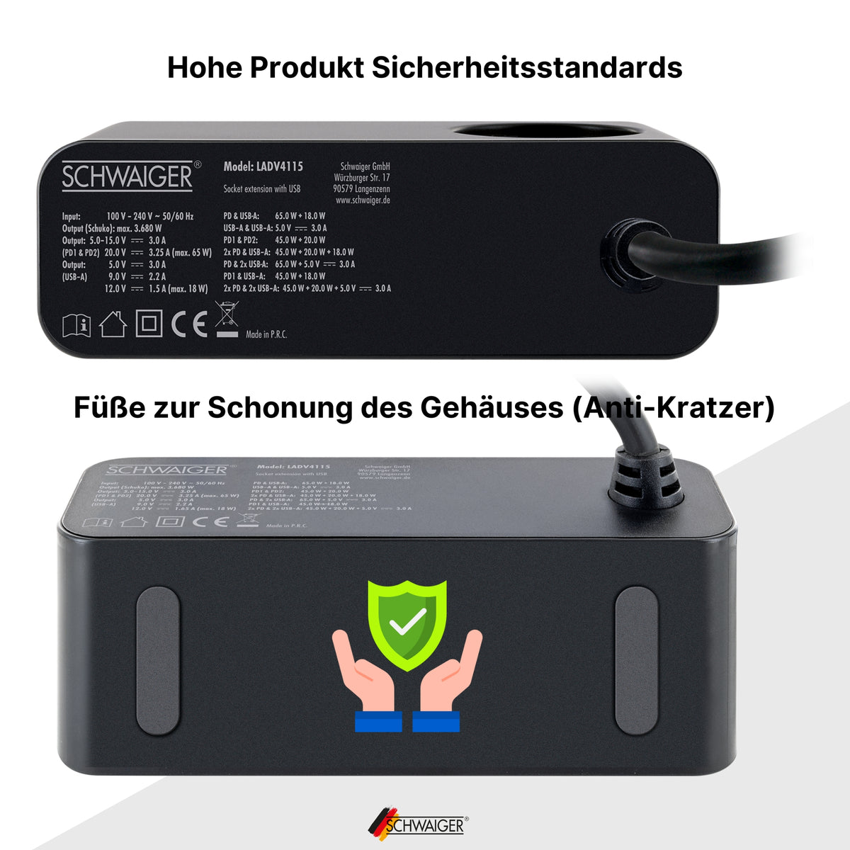 Power strip extension with USB-C & USB-A charger 83W