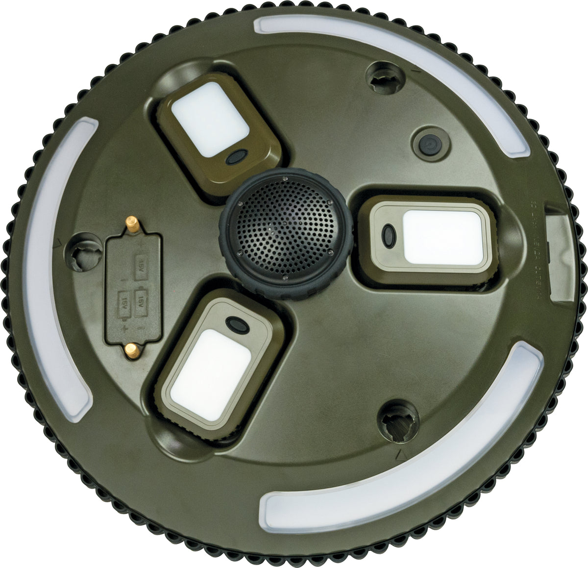 LED camping light on a tripod with detachable lights and Bluetooth speakers