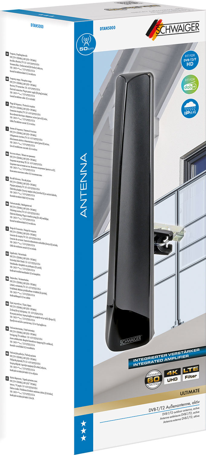 Outdoor antenna DVB-T2 UHF VHF DAB+ active