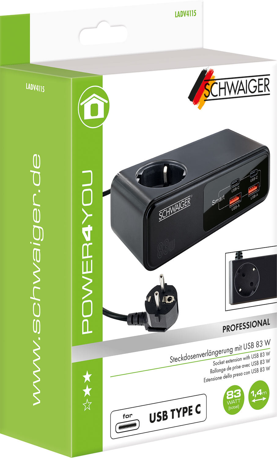 Power strip extension with USB-C & USB-A charger 83W