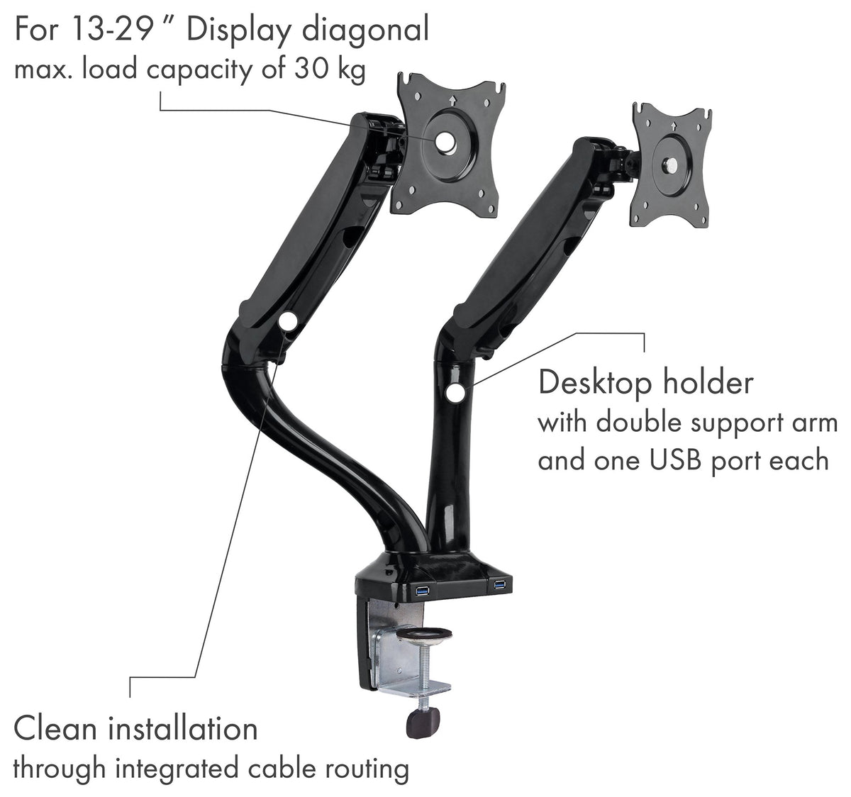 Monitor desk mount tiltable, swivelling, rotatable, up to 6kg per support arm / 29" (VESA 100x100)