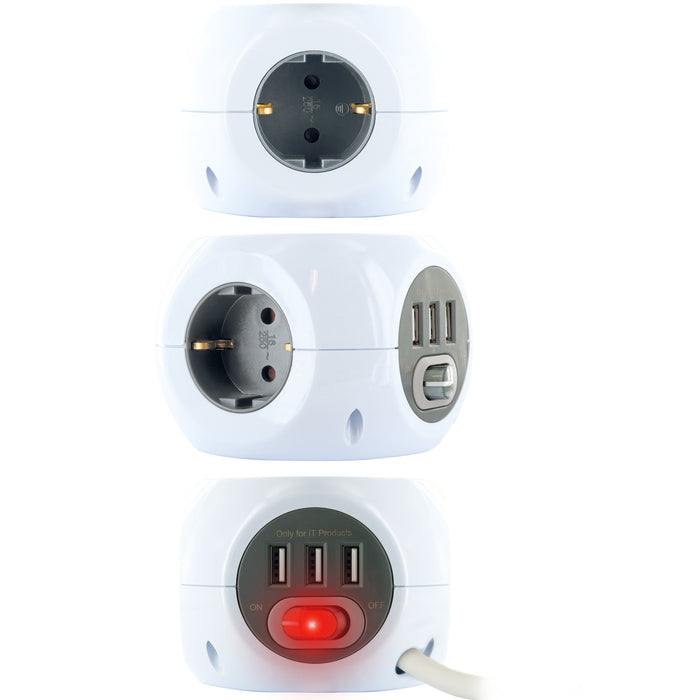 Steckdosenwürfel 3fach mit USB-A Buchsen