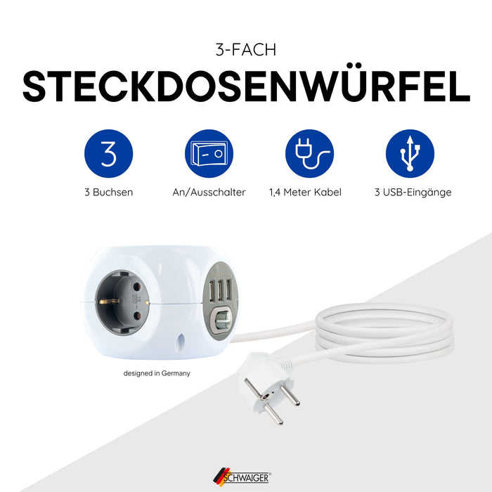 Steckdosenwürfel 3fach mit USB-A Buchsen
