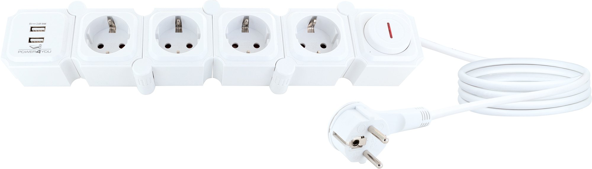 Flexible Steckdosenleiste 4 Steckdosen 2 USB-A Slots