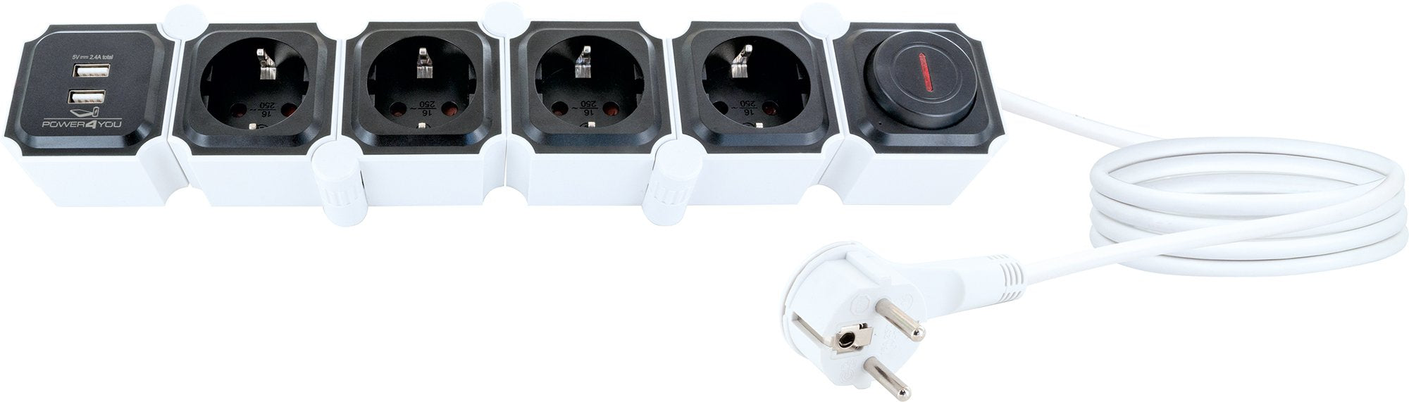 Flexible Steckdosenleiste 4 Steckdosen 2 USB-A Slots
