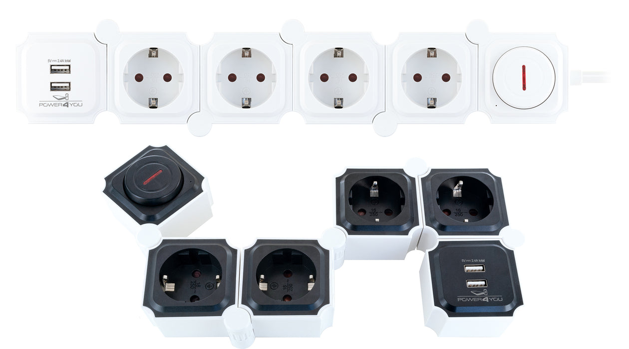 Flexible Steckdosenleiste 4 Steckdosen 2 USB-A Slots
