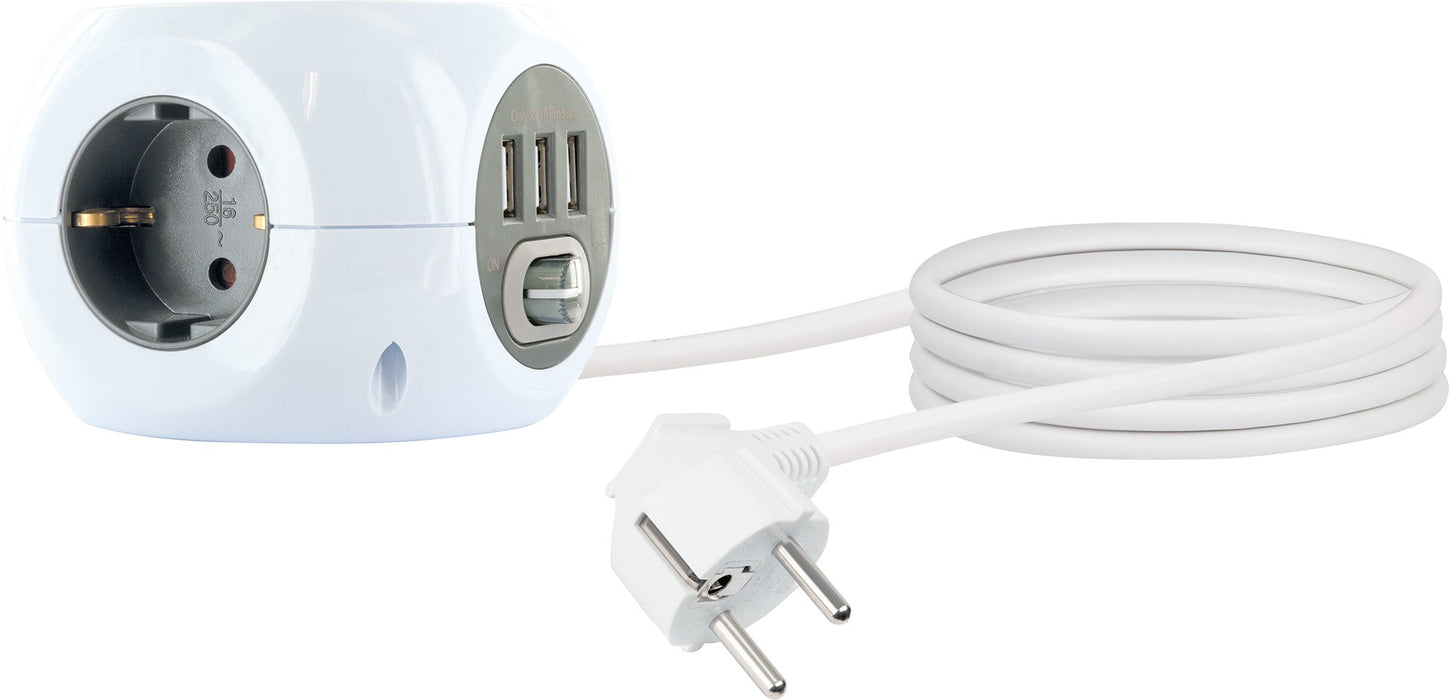 Steckdosenwürfel 3fach mit USB-A Buchsen