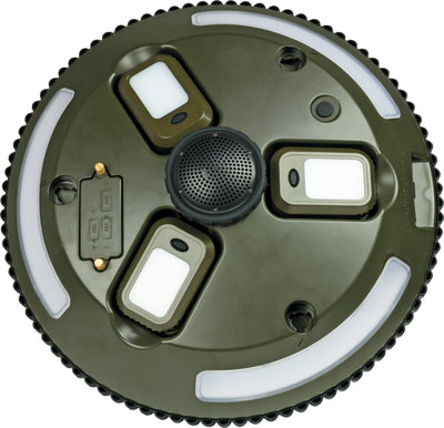 LED camping light on a tripod with detachable lights and Bluetooth speakers