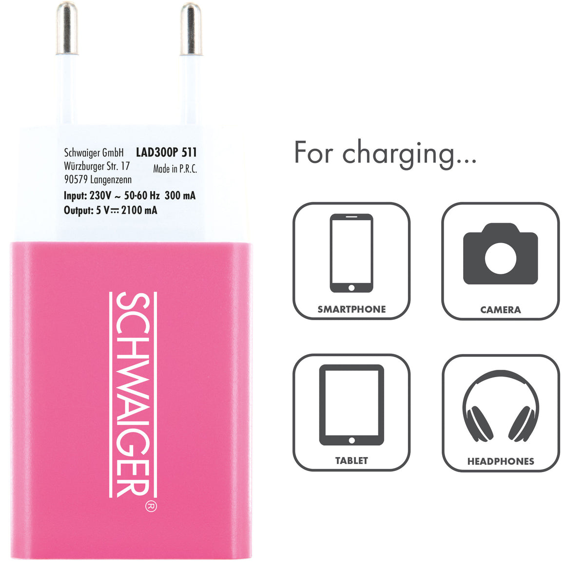 Ladegerät USB 2.0 A Pink/Blau