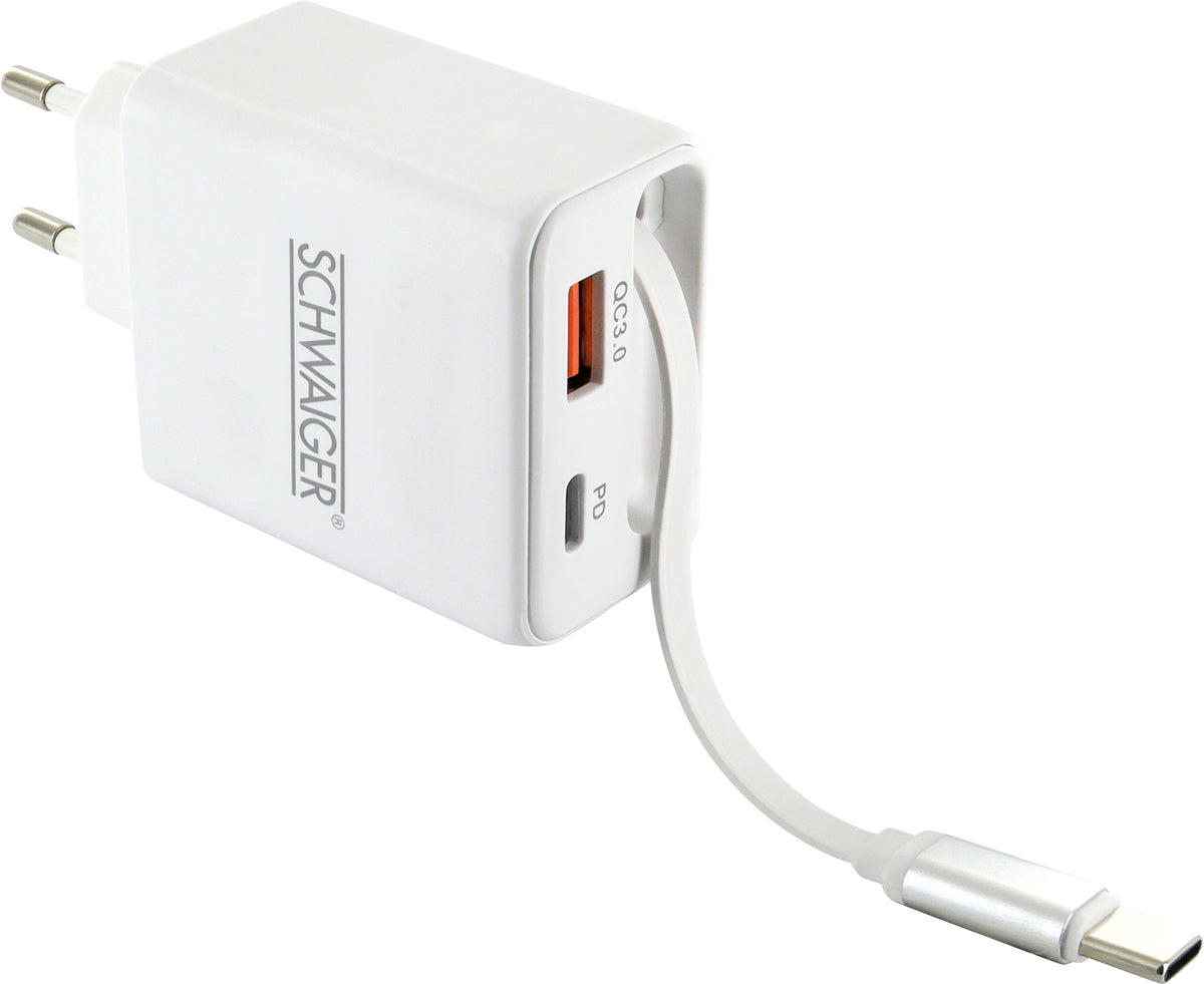 Ladeadapter 30W USB A+C mit ausziehbarem Kabel