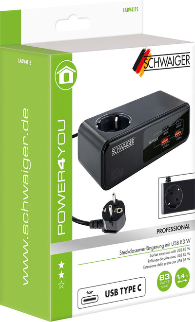 Power strip extension with USB-C &amp; USB-A charger 83W 
