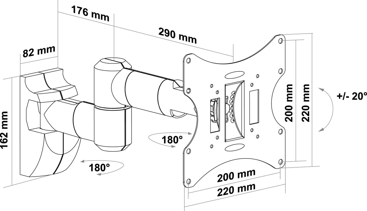 TV wall mount (3 joints), tiltable, swivelling, up to 30kg / 42" (VESA 200x200)