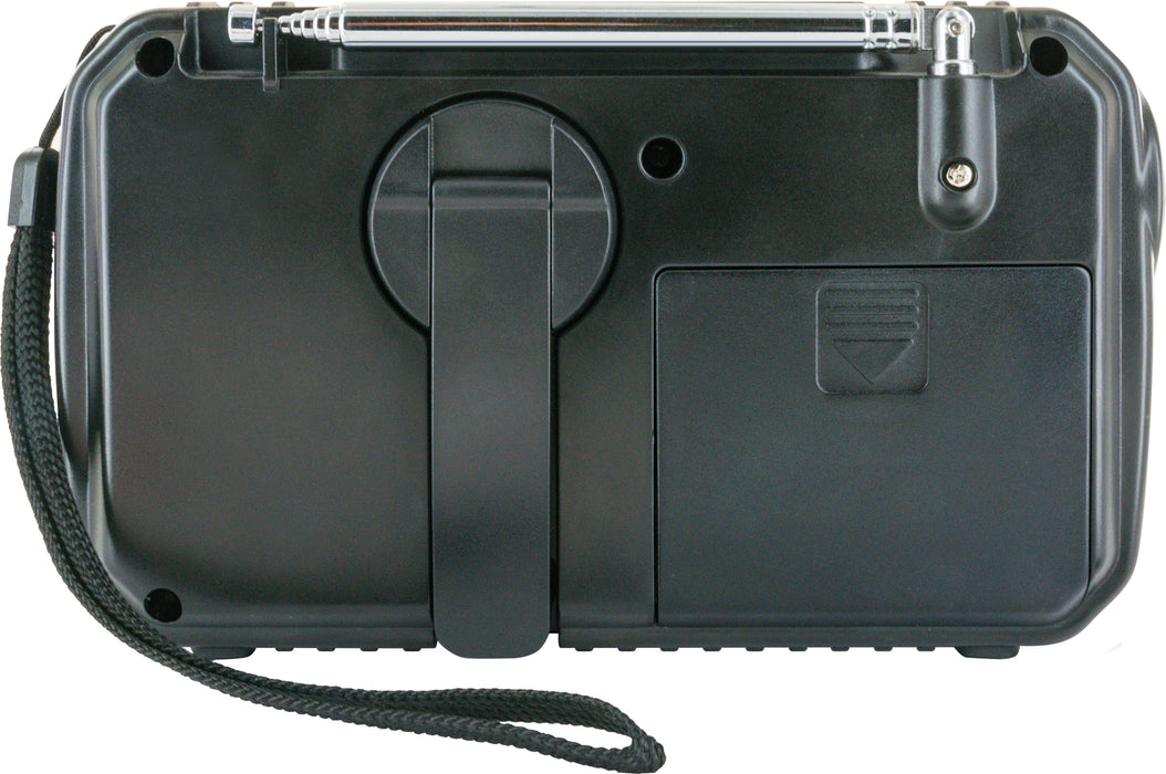 FM outdoor radio with solar panel, flashlight & power bank function