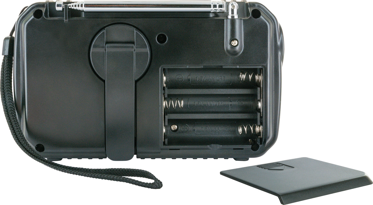 FM outdoor radio with solar panel, flashlight & power bank function