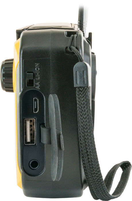 FM outdoor radio with solar panel, flashlight & power bank function