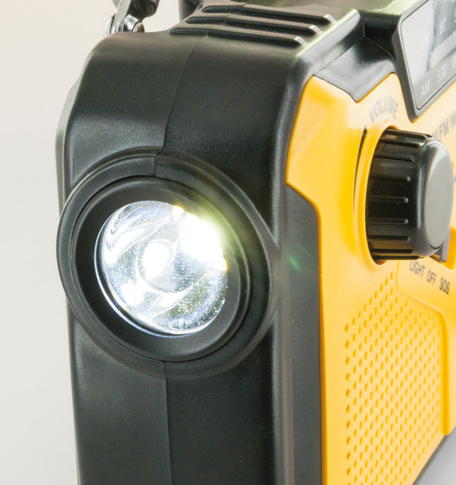 FM outdoor radio with solar panel, flashlight & power bank function