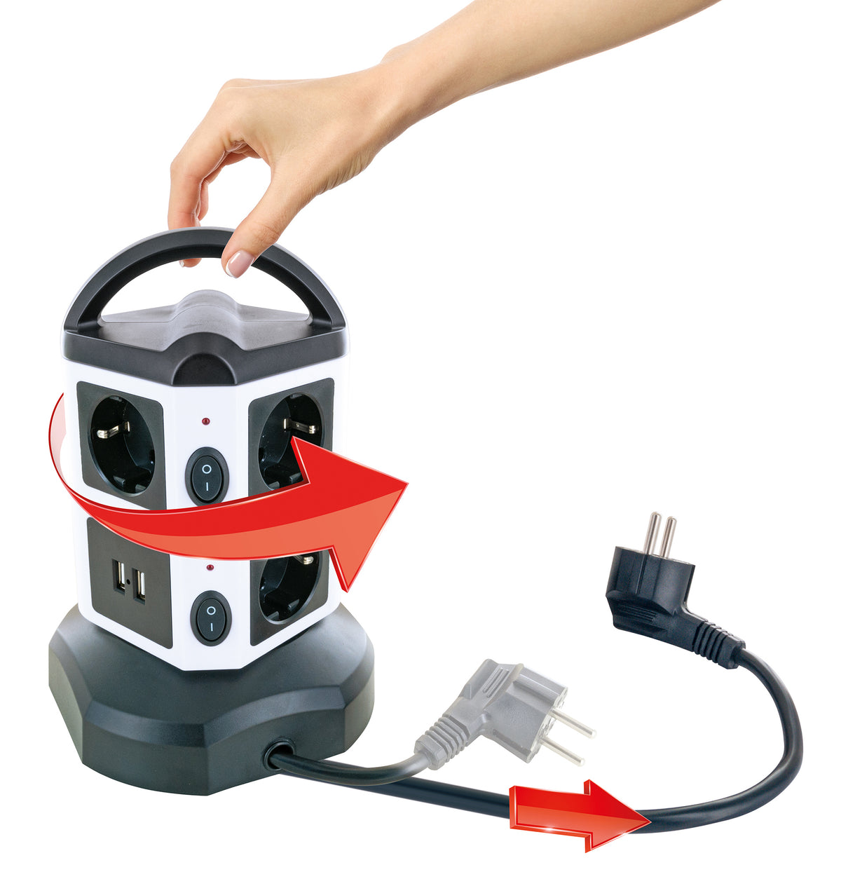 Steckdosentower 7-fach 2 USB-A Anschlüsse Kabel ausziehbar drehbar