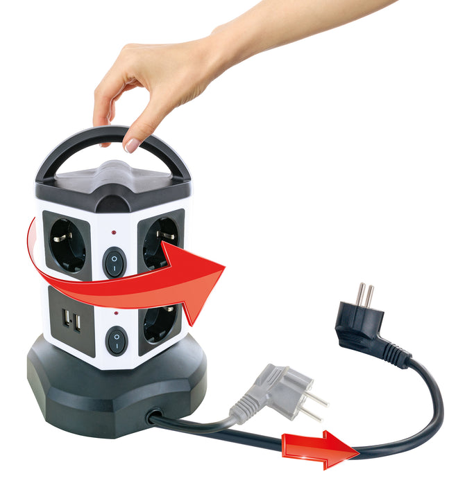 Steckdosentower 7-fach 2 USB-A Anschlüsse Kabel ausziehbar drehbar