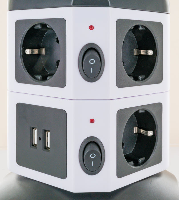 Steckdosentower 7-fach 2 USB-A Anschlüsse Kabel ausziehbar drehbar